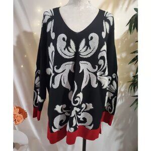 Chicos Womens Floral V-Neck Sweater Tunic Size 2 US L Split Hem Party Black